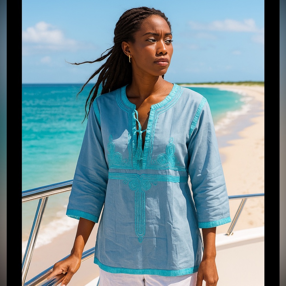 CJ Laing Blue Embroidered Cotton Tunic Top Boho Resort Beach Medium
